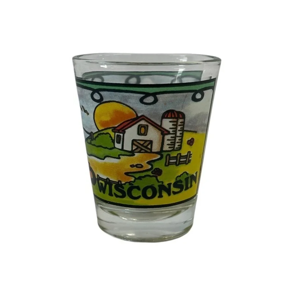Wisconsin Souvenir Shot Glass Farm Scene Barn Cow Clothesline